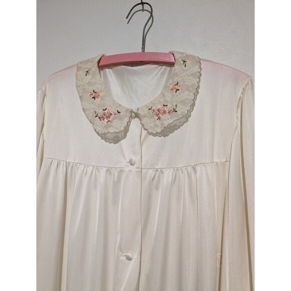 Vintage Lorraine Robe Womens Cream Nylon Lace Emb Collar Button Up L Cottagecore - Picture 2 of 6